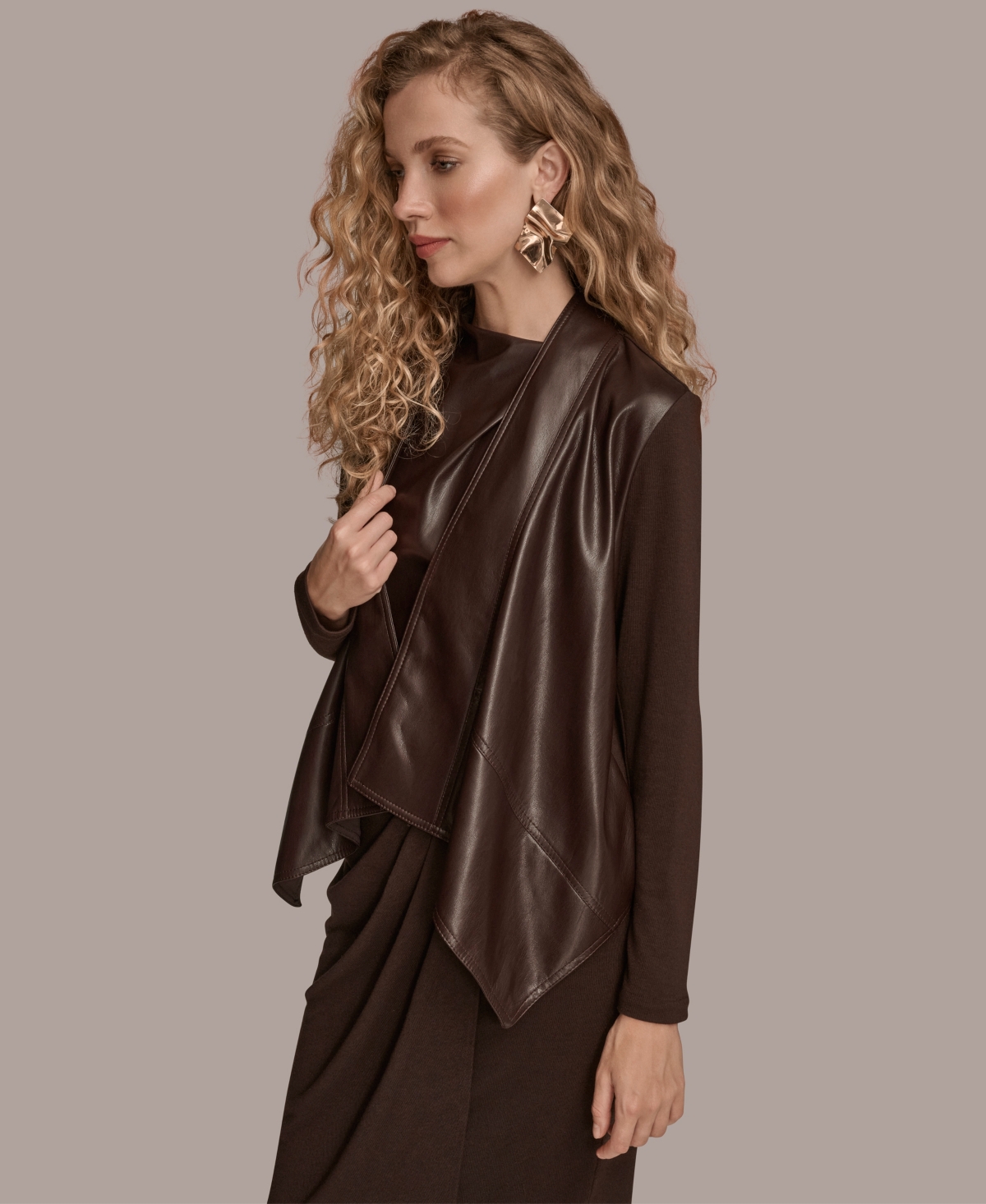 Donna Karan Women's Open Front Faux Leather Jacket In Brown