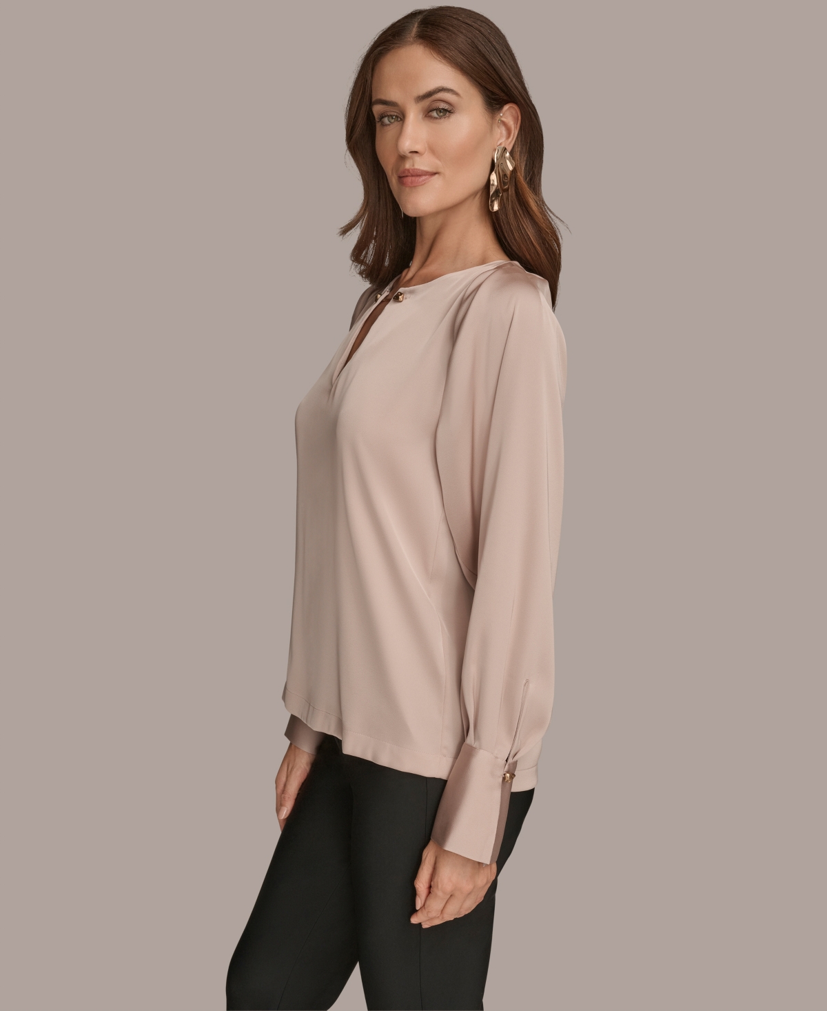 Donna Karan New York Chain Detail Long Sleeve Top In Neutral
