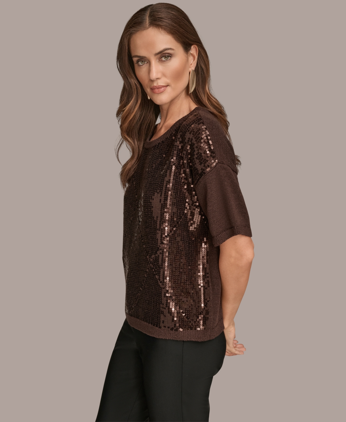 Donna Karan New York Short Sleeve Sequin Sweater In Brown