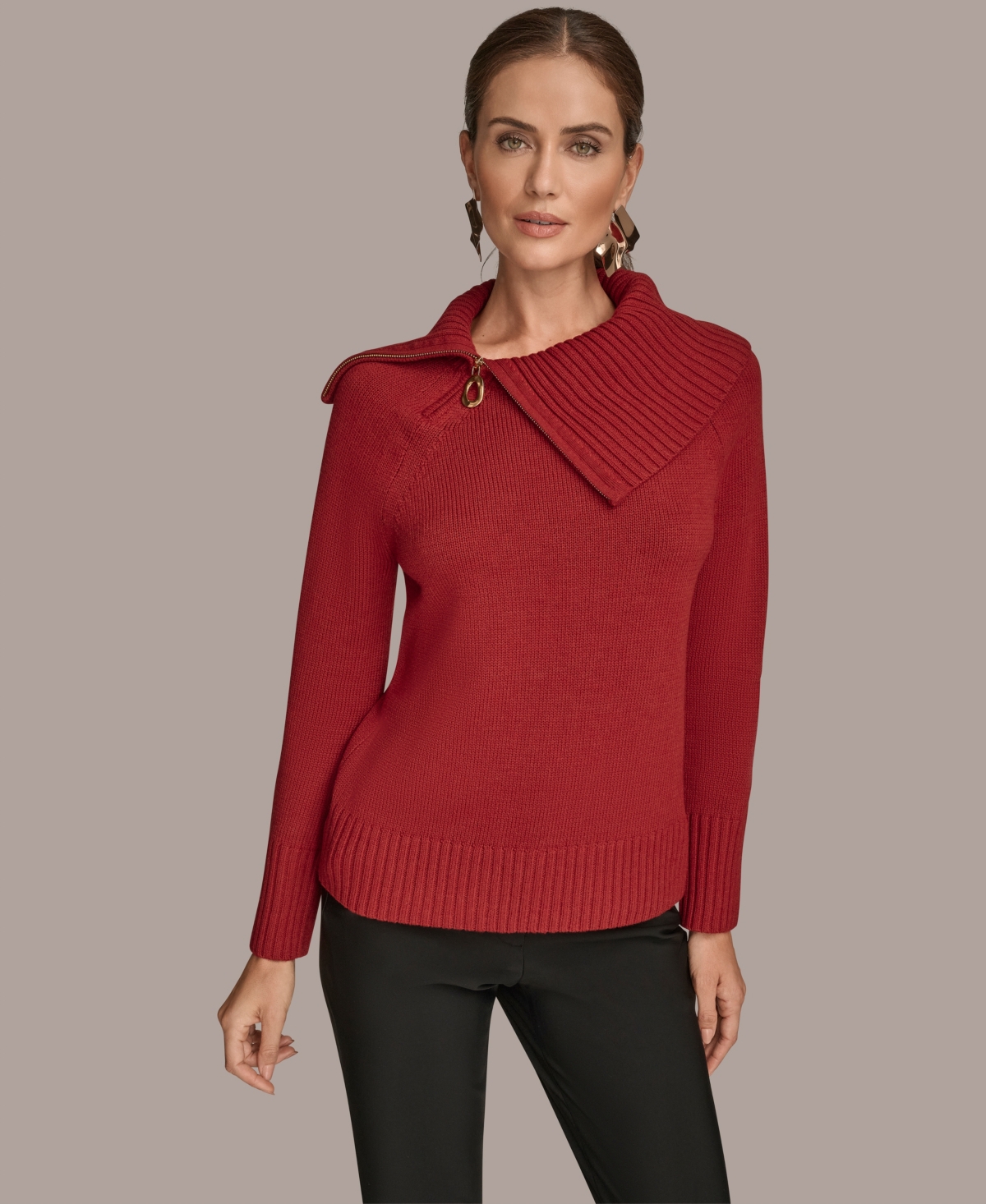 Donna Karan New York Asymmetric Zip Collar Sweater In Red