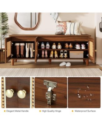 55&amp;quot; Shoe Bench with Lift Top Storage, 2-Tier Entryway Bench with 3 Rattan Doors