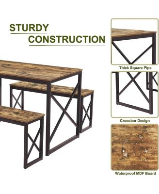 Wood-Top Kitchen Dining Table with 2 Backless Benches, Industrial Style