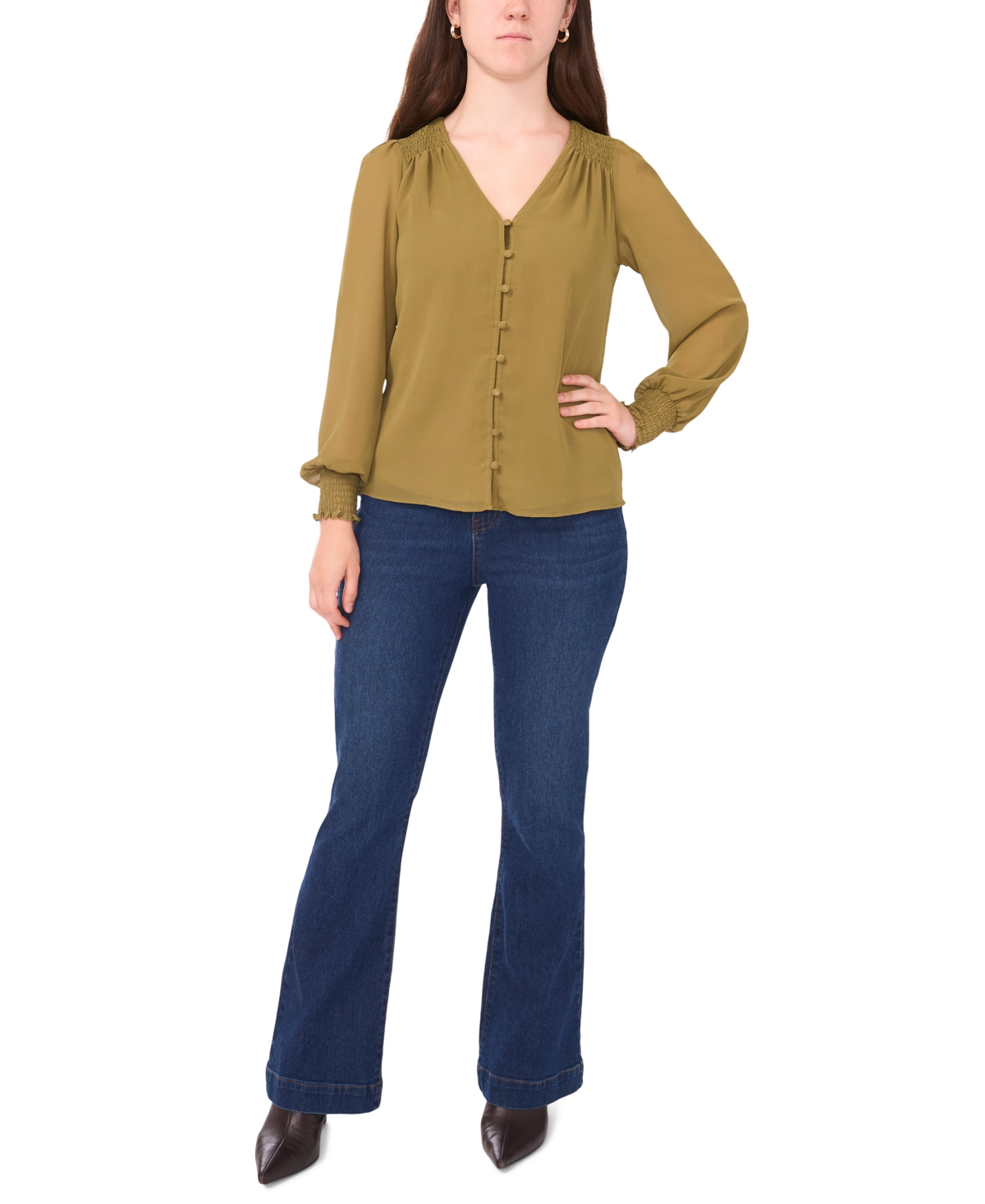 Sam & Jess Petite V-neck Smocked-shoulder Blouse In Brown