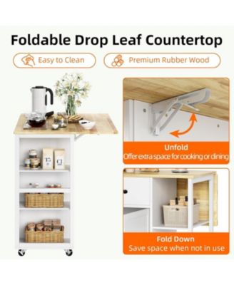 43.12" Rubberwood, Engineered Wood Drop Leaf, Drawers, Adjustable Shelves, Lockable Wheels Kitchen Island Island & Cart