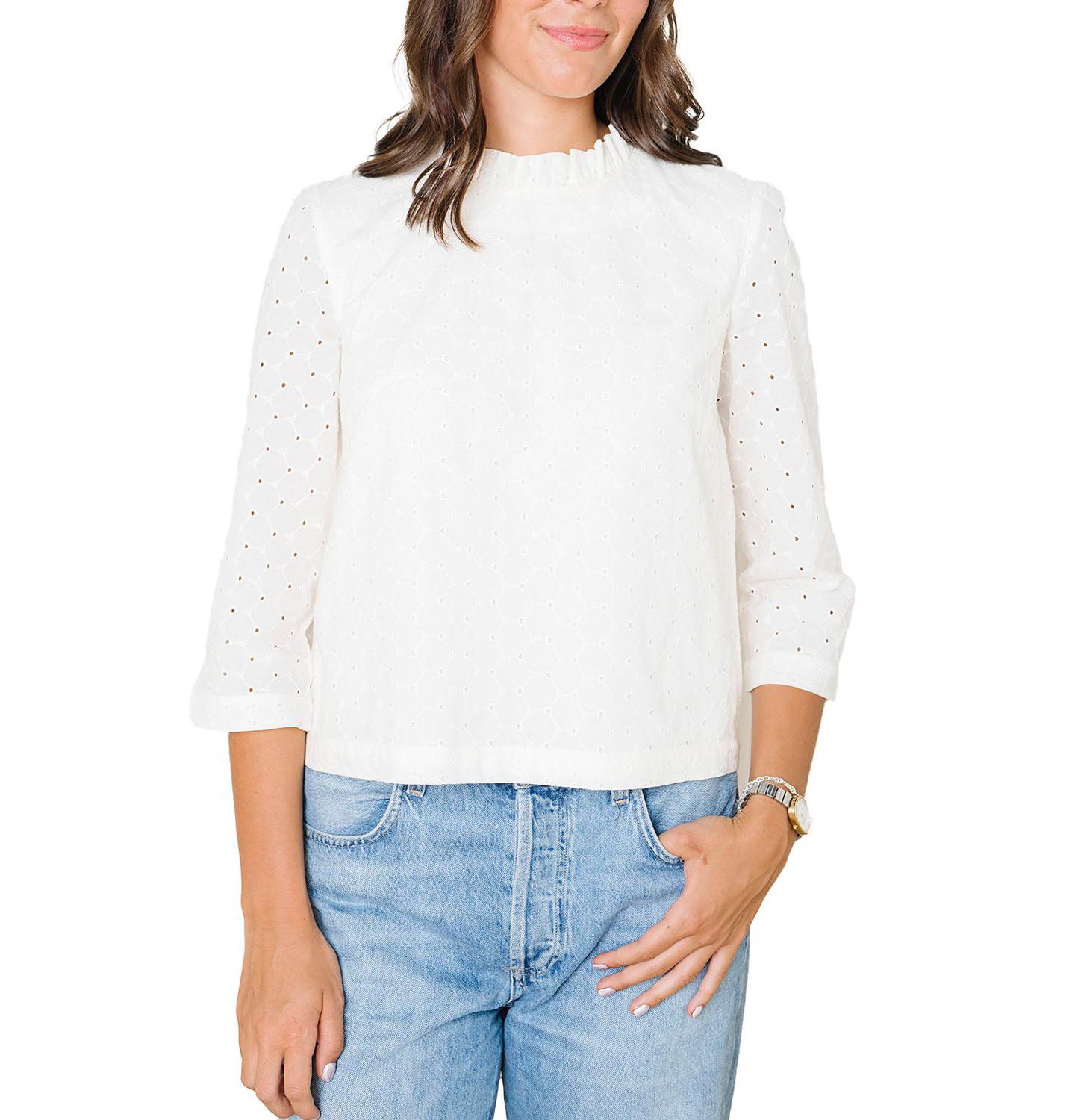 Женский топ Hope & Henry Organic Ruffle Neck Eyelet, цвет: Слоновая кость — фото 1
