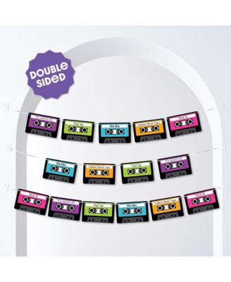 80's Retro Garland Banner, 30 Feet of Cord, 15 Double-Sided Paper Cassette Tapes