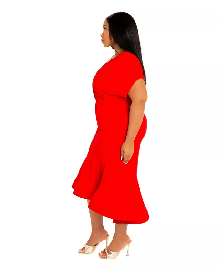Plus Size V-Neck Flounce Midi Dress - thumbnail 2