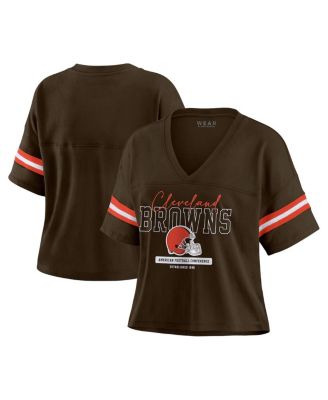 WEAR by Erin Andrews - Women's Brown Cleveland Browns Color Block Boxy Modest Crop V-Neck T-Shirt