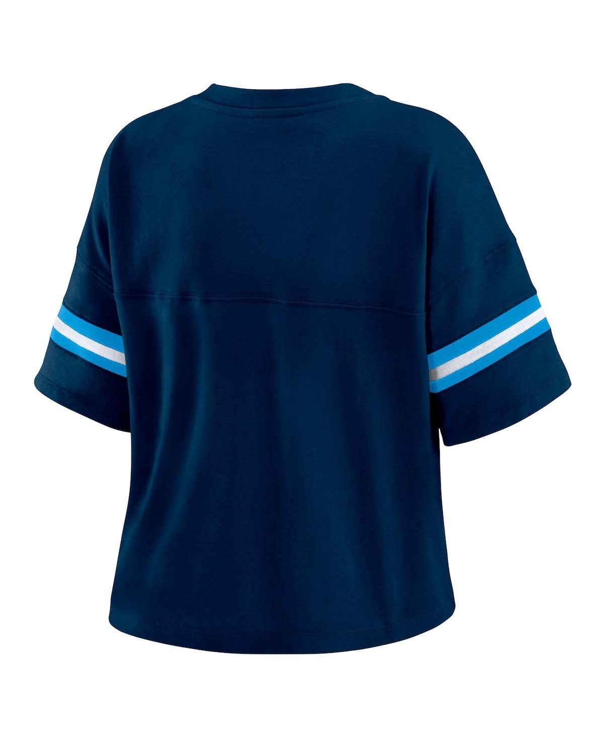 Wear By Erin Andrews Navy Tennessee Titans Color Block Boxy Modest Crop V-neck T-shirt In Blue
