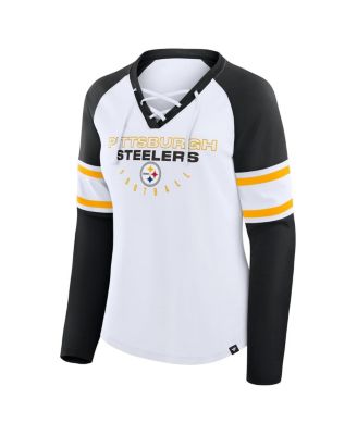 Women's White/Black Pittsburgh Steelers Redzone Blitz Package Raglan Lace-Up V-Neck Long Sleeve T-Shirt
