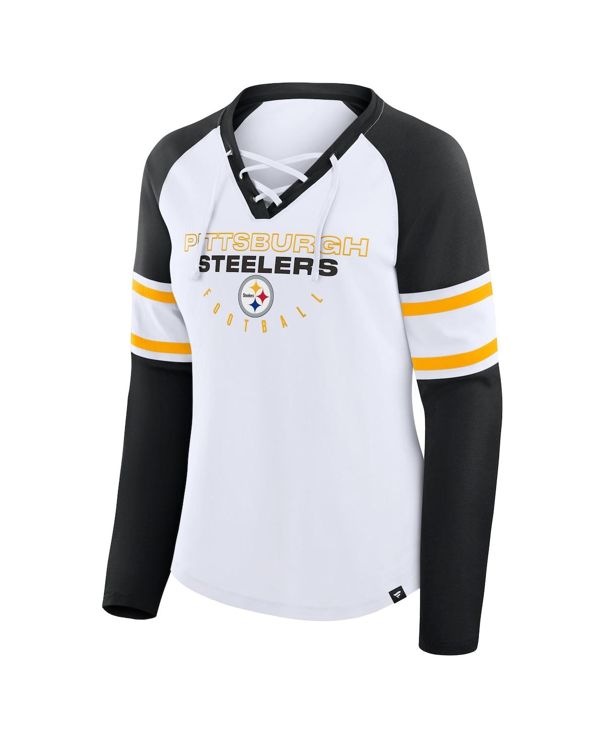 Fanatics Women's White/black Pittsburgh Steelers Redzone Blitz Package Raglan Lace-up V-neck Long Sleeve T-sh In White