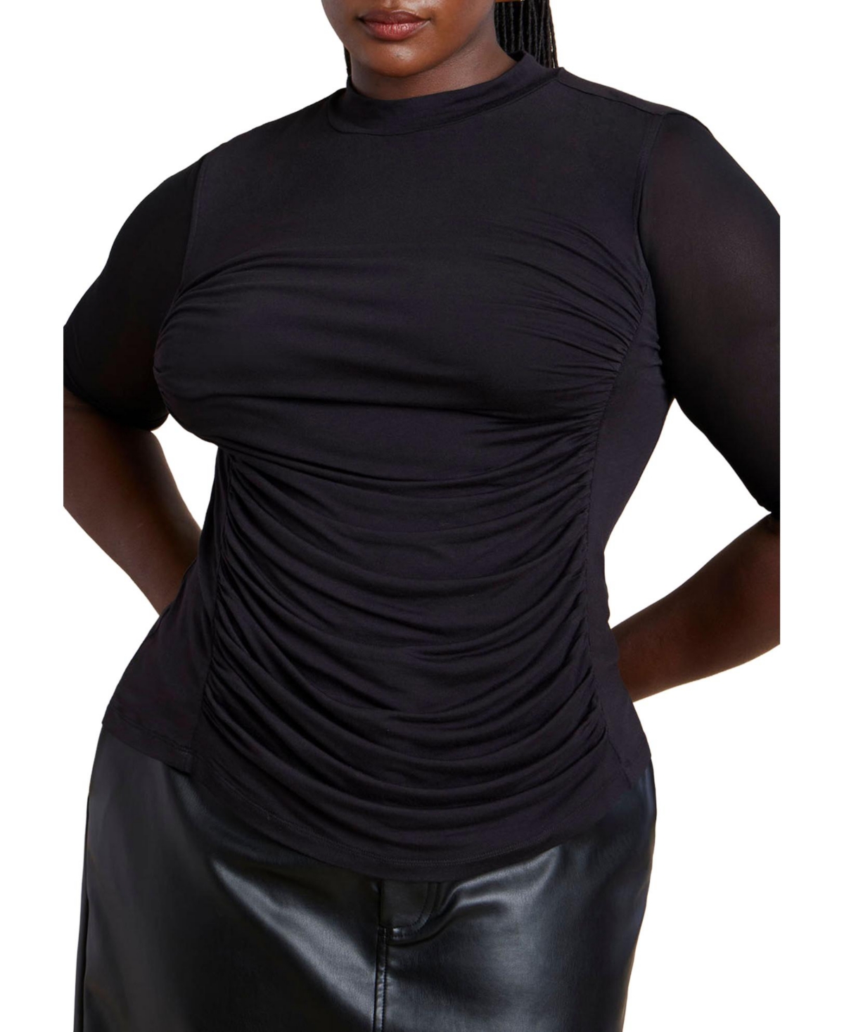 Eloquii Women's Shirred Mockneck Top With Sheer Sleeve