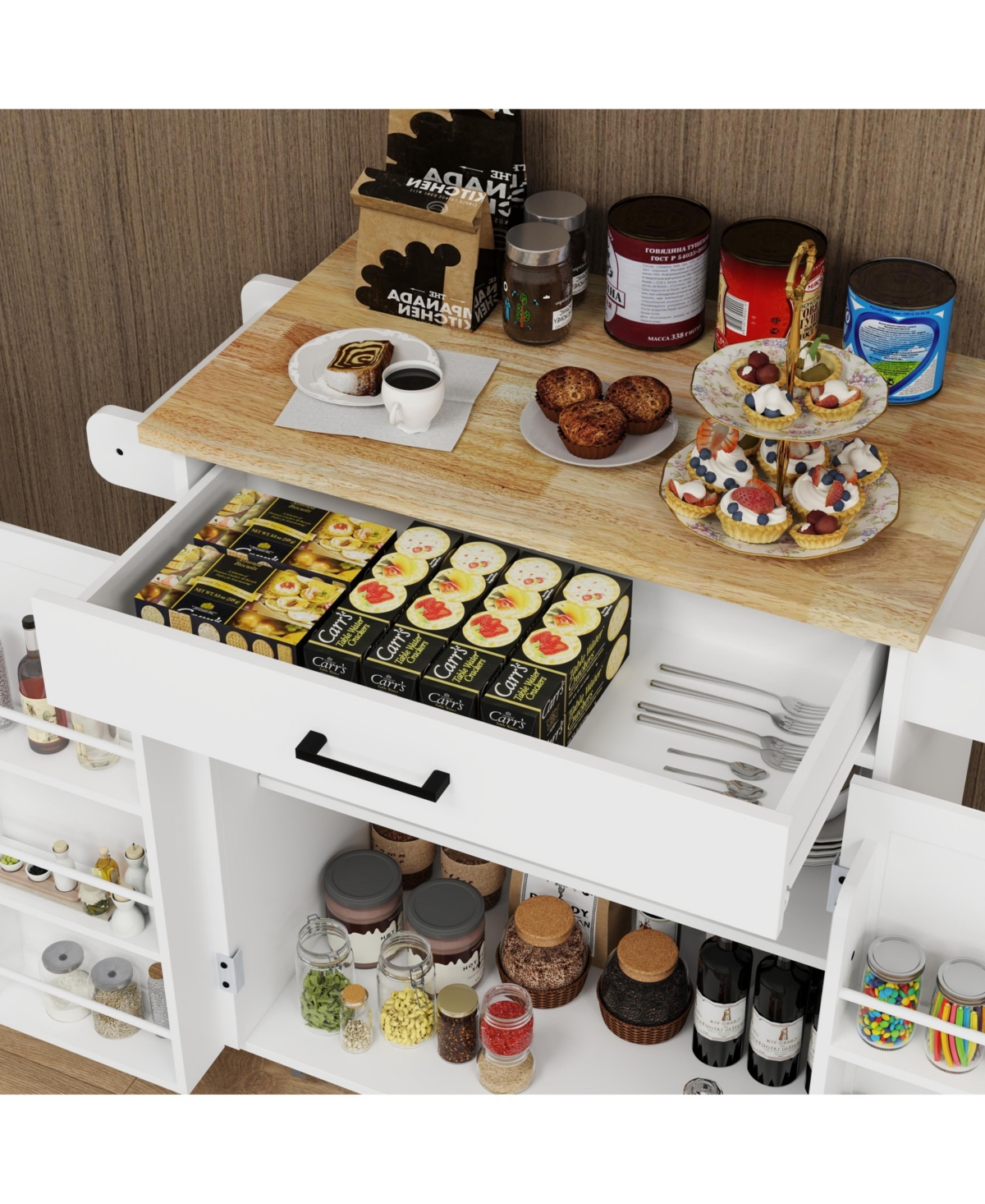 Casainc Rolling Kitchen Island Cart with Drawer, Cabinet, Rack and Rubber Wood Top