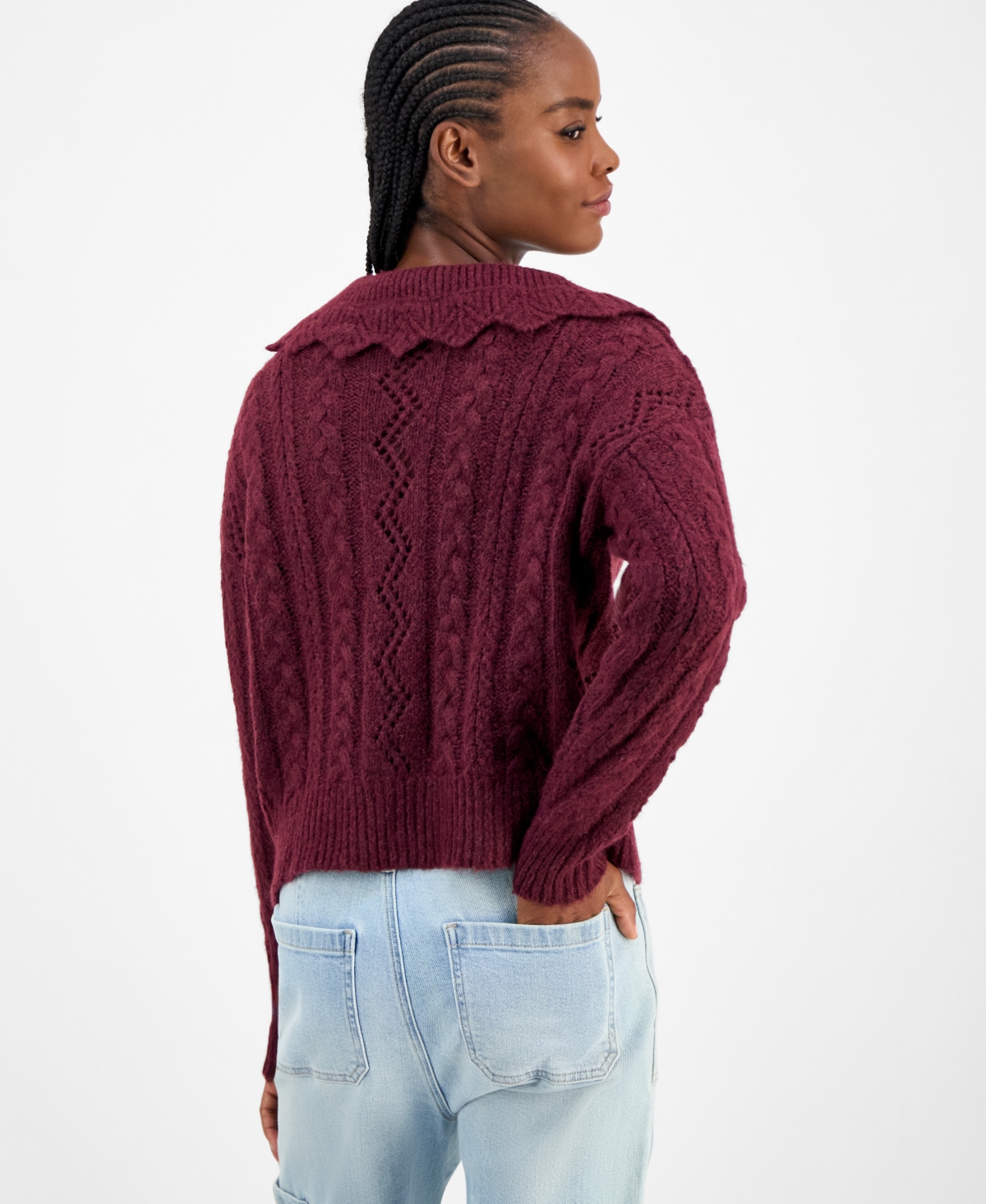 And Now This Women's Cable-knit Pointelle Polo Sweater, Macy's Exclusive In Burgundy