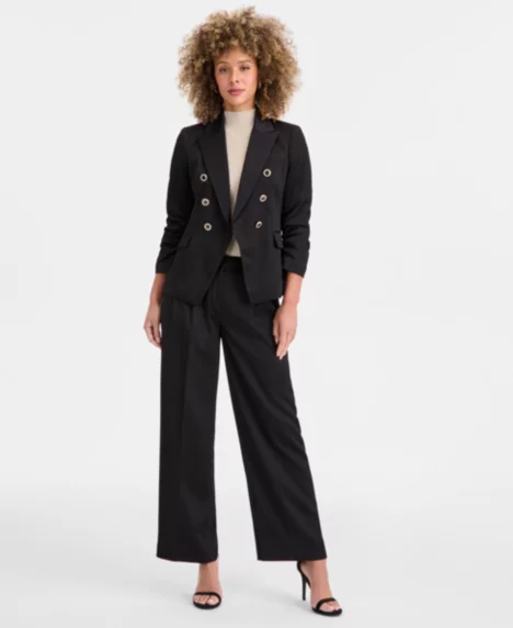 Petite Crinkle-Pleat Wide-Leg Pants - Black