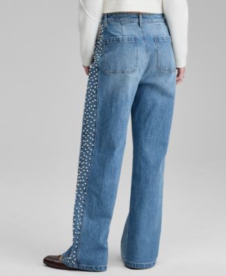 Women's High-Rise Faux-Pearl-Side Wide-Leg Jeans, Macy's Exclusive