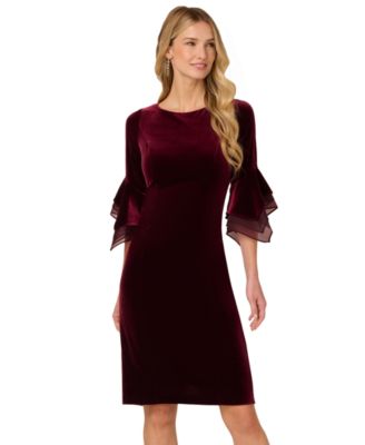 Adrianna Papell - Women's Velvet Bell-Sleeve Mesh-Trim Dress