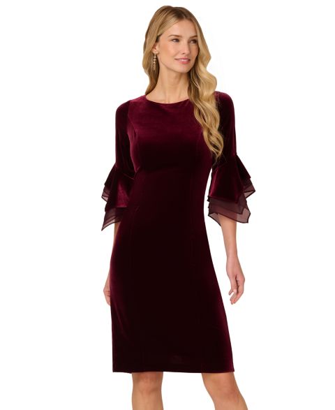 Женское платье Adrianna Papell Velvet Bell-Sleeve Mesh-Trim, цвет: Бордо