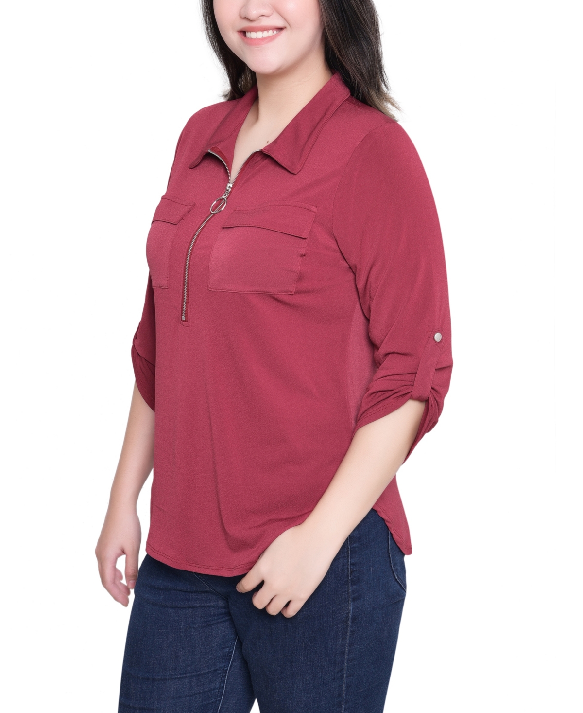 Ny Collection Petite 3/4 Roll Tab Zip Front Top In Brown