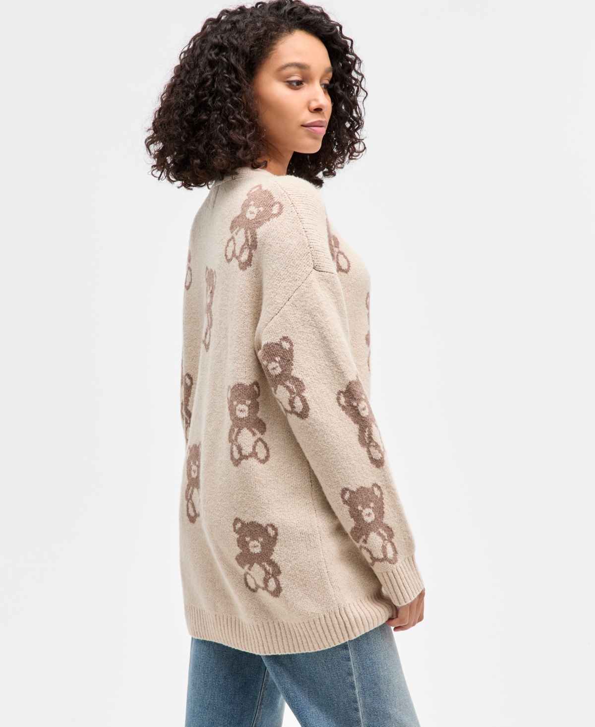 Hippie Rose Juniors' V-neck Button Front Teddy Long Cardigan In Brown