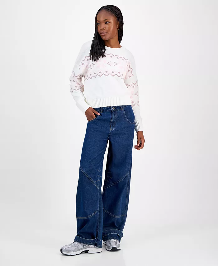 Juniors' Patterned Knit Chenille Crewneck Sweater - thumbnail 3