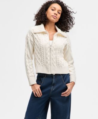 Hippie Rose - Juniors' Cable-Knit Collared Zip Cardigan