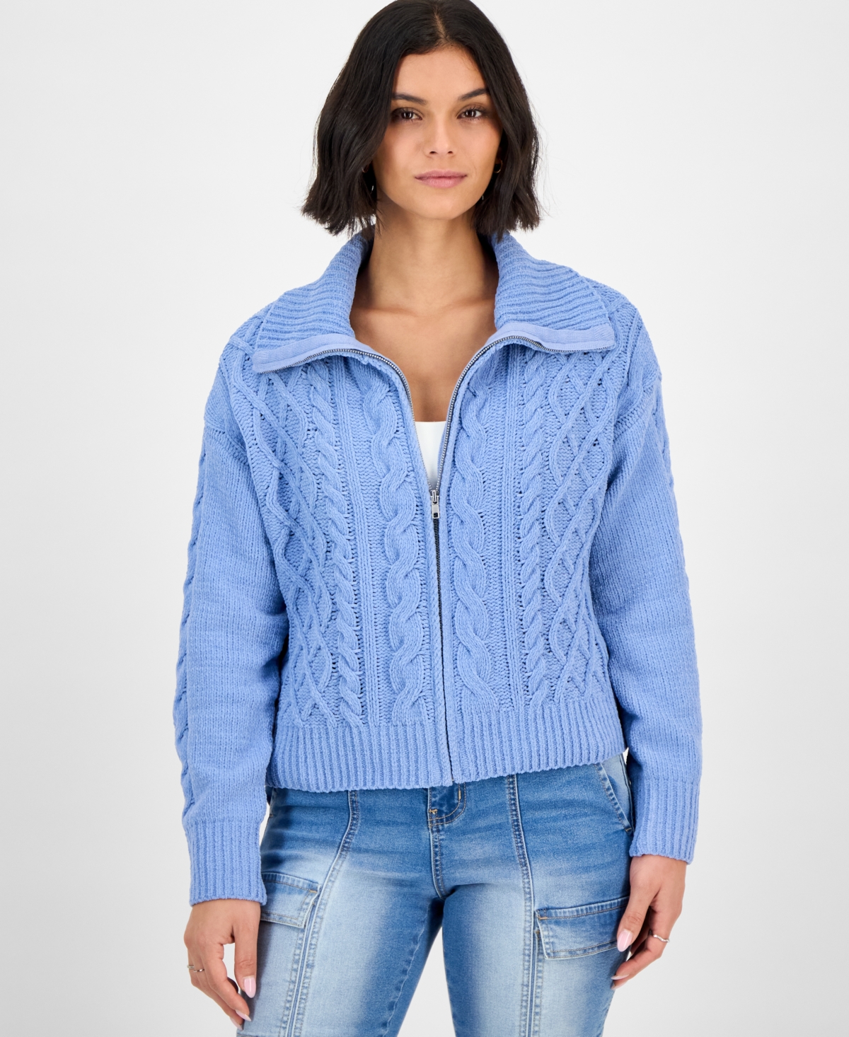 Hippie Rose Juniors' Chenille Cable-knit Collared Full-zip Cardigan In Blue