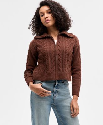 Hippie Rose - Juniors' Cable-Knit Collared Zip Cardigan