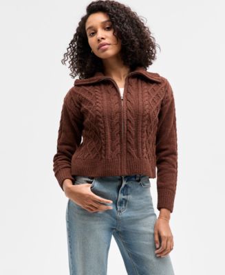 Hippie Rose Juniors' Chenille Cable-Knit Collared Full-Zip
