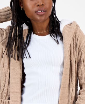 Juniors' Sherpa-Lined Cable-Knit Open Cardigan