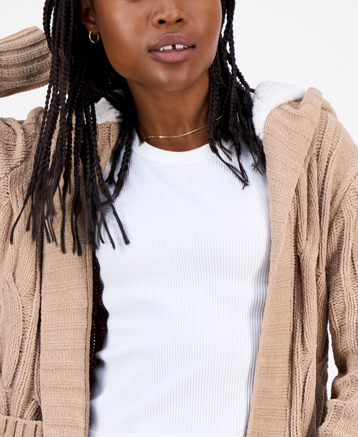 Madden Girl Juniors' Sherpa-lined Cable-knit Open Cardigan In Brown
