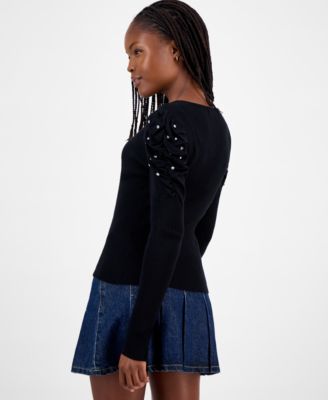 Juniors' Puff-Shoulder Rhinestone Sweater