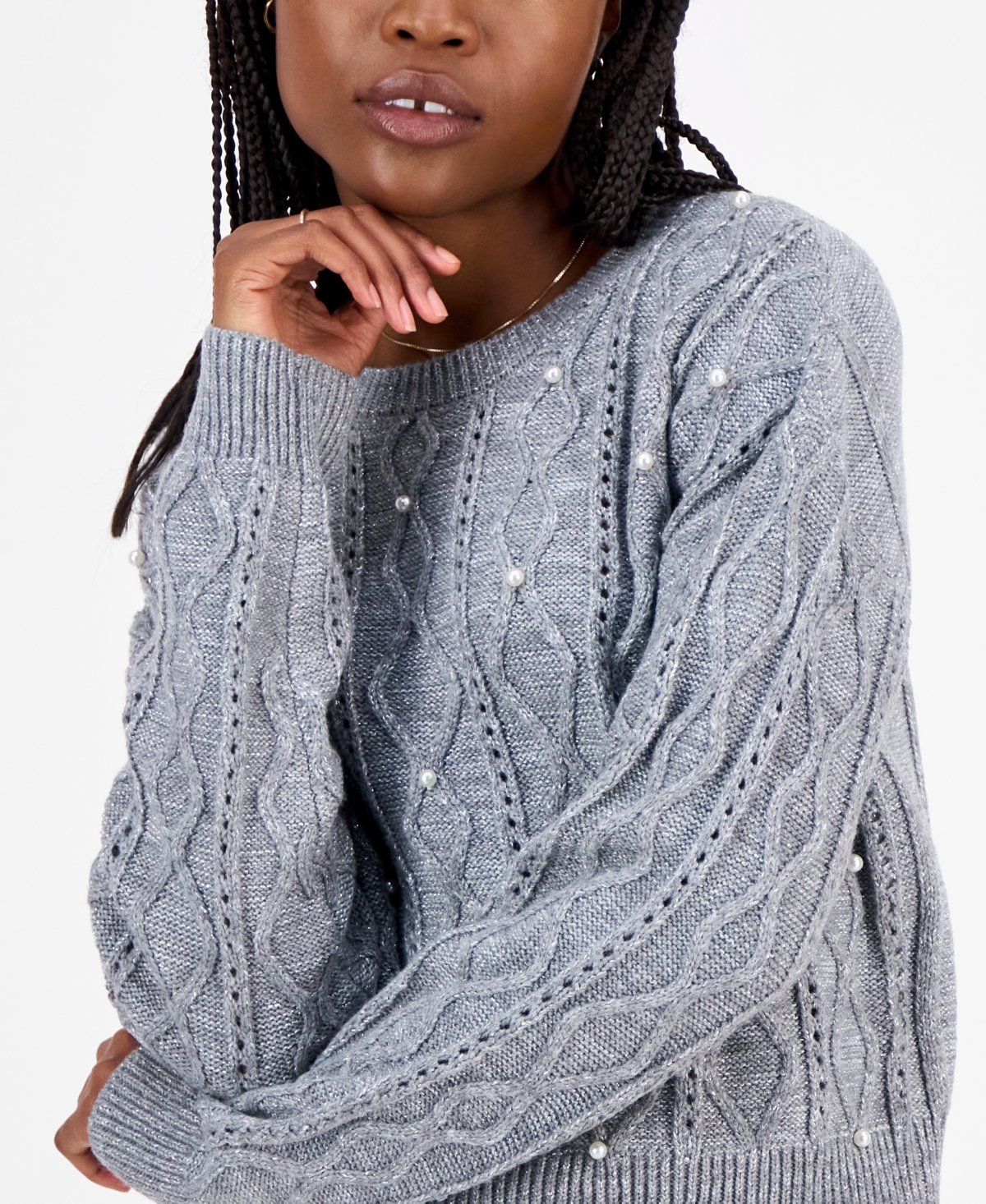Madden Girl Juniors' Cable-knit Faux-pearl Crewneck Sweater In Gray