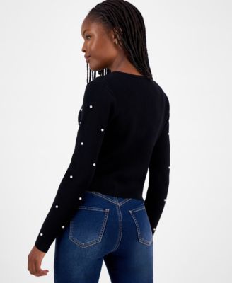 Juniors' Faux-Pearl Ribbed Cardigan