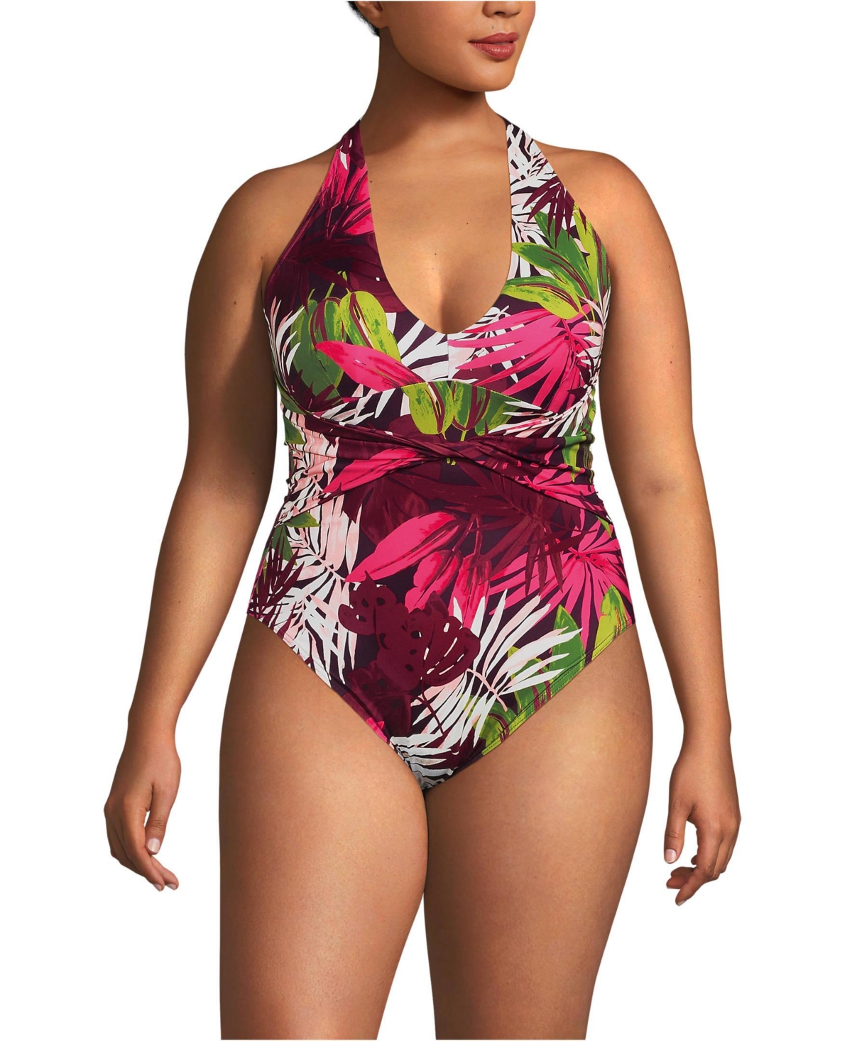 Lands' End Women's Sculpting Suit Plunge Halter High Leg One Piece Swimsuit