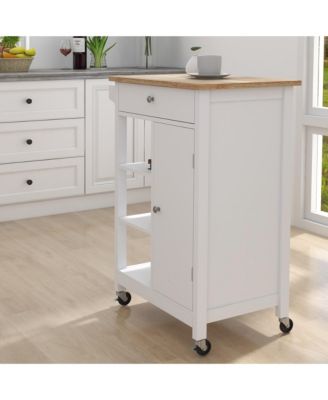 Rolling Kitchen Cart with Adjustable Shelves, Towel Rack and Rubber Wood Top