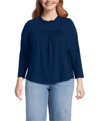 Women's Plus Size 3/4 Sleeve Cotton Slub Lace Trim Top
