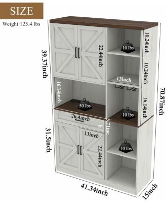 Antique White 71" Farmhouse Pantry Hutch Cabinet, Barn Door Kitchen Storage with LED Lights & Adjustable Shelves, Freestanding Sideboard with Glass Holder