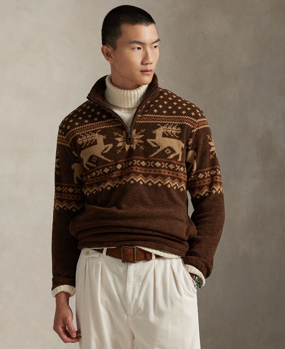 Мужской матовый флисовый свитер с застежкой на четверть молнии