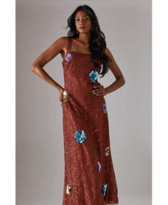 Women's Hand Embellished Flower Burst Midi Dress