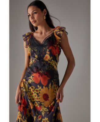 Women's Lace Insert Frill Sleeve Midi Dress