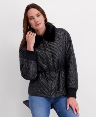 Women's Cinched Waist Quilted Jacket with Faux Fur Collar