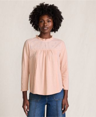 Women's 3/4 Sleeve Cotton Slub Lace Trim Top