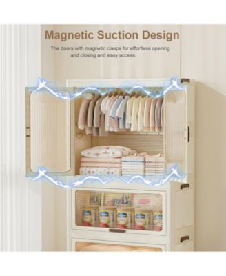 4 Tier Portable Kids Wardrobe Closet with Doors - Baby Clothes Organizer with Wheels, Collapsible Wardrobe Closet with Hanging Rod, Includes 10 Hangers, Ideal for Bedroom, Playroom