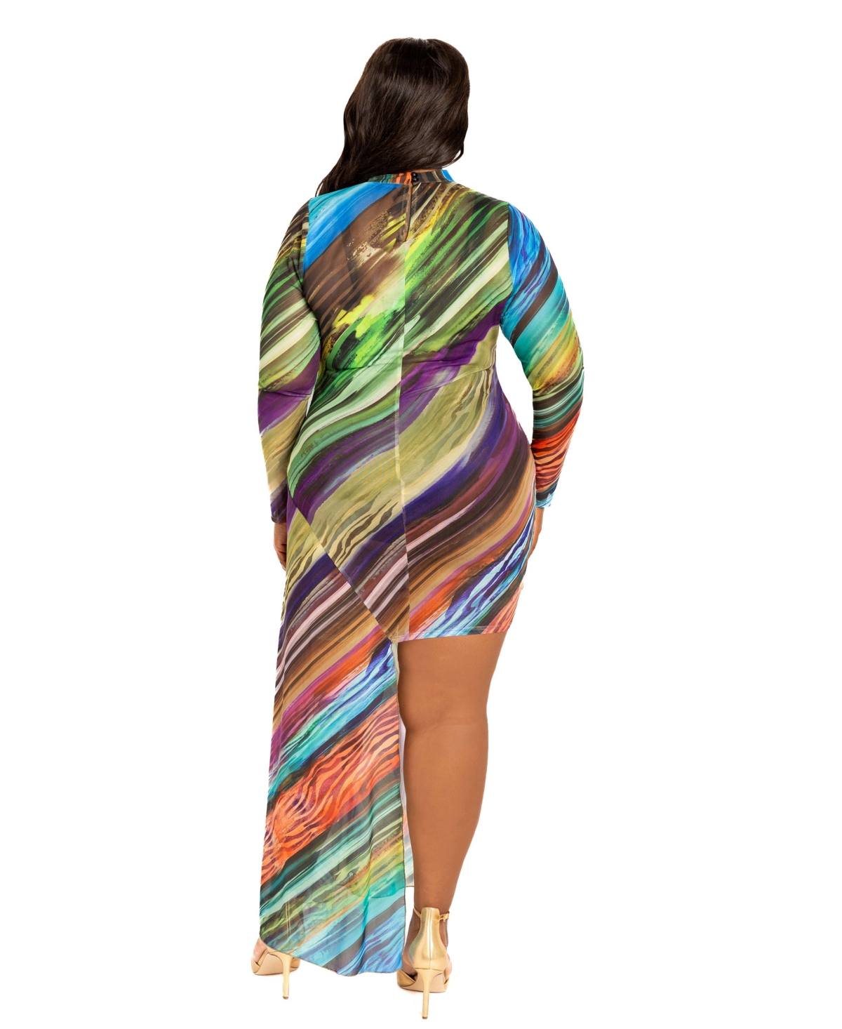 Buxom Couture Plus Size Printed Asymmetrical Long Sleeve Mesh Dress In Multi
