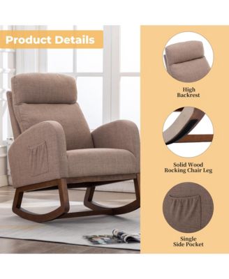 Modern Camel Linen Rocking Glider Chair with Wood Legs, Side Pocket & High Back for Living Room or Nursery