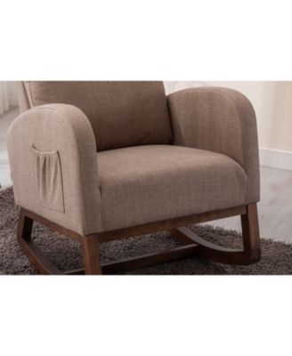 Modern Camel Linen Rocking Glider Chair with Wood Legs, Side Pocket & High Back for Living Room or Nursery