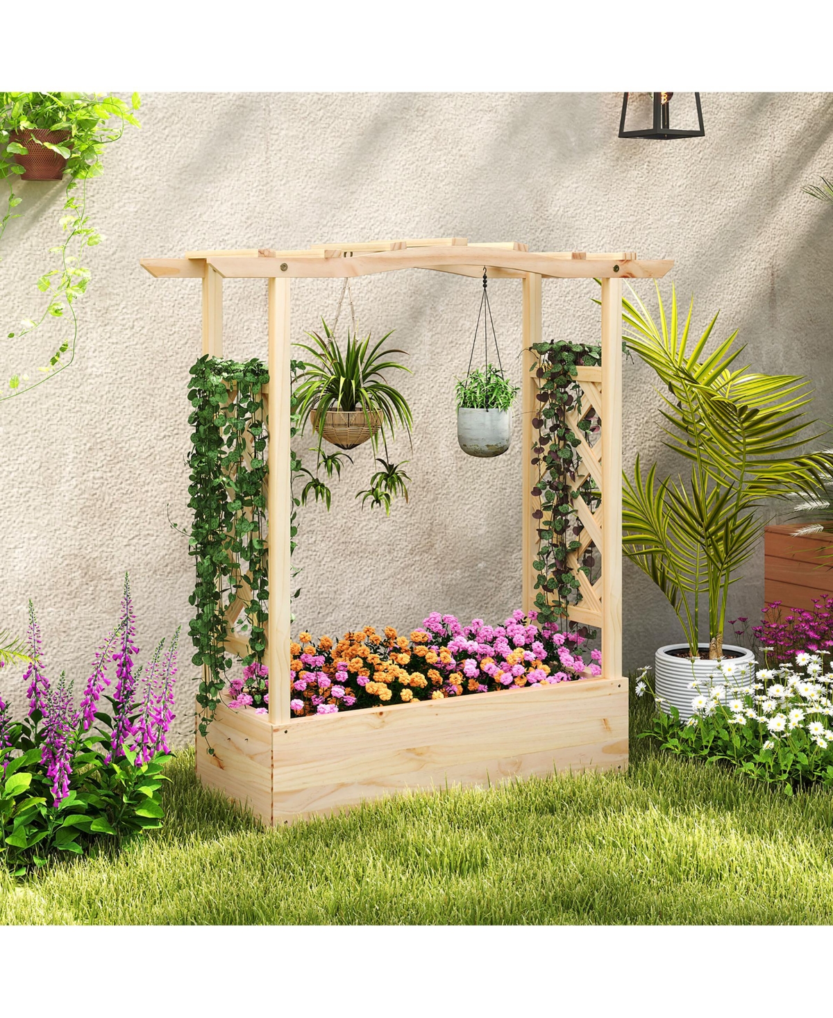 Gymax 2PCS Wooden Raised Garden Bed w/ Trellis & Hanging Roof Planter Box for Garden