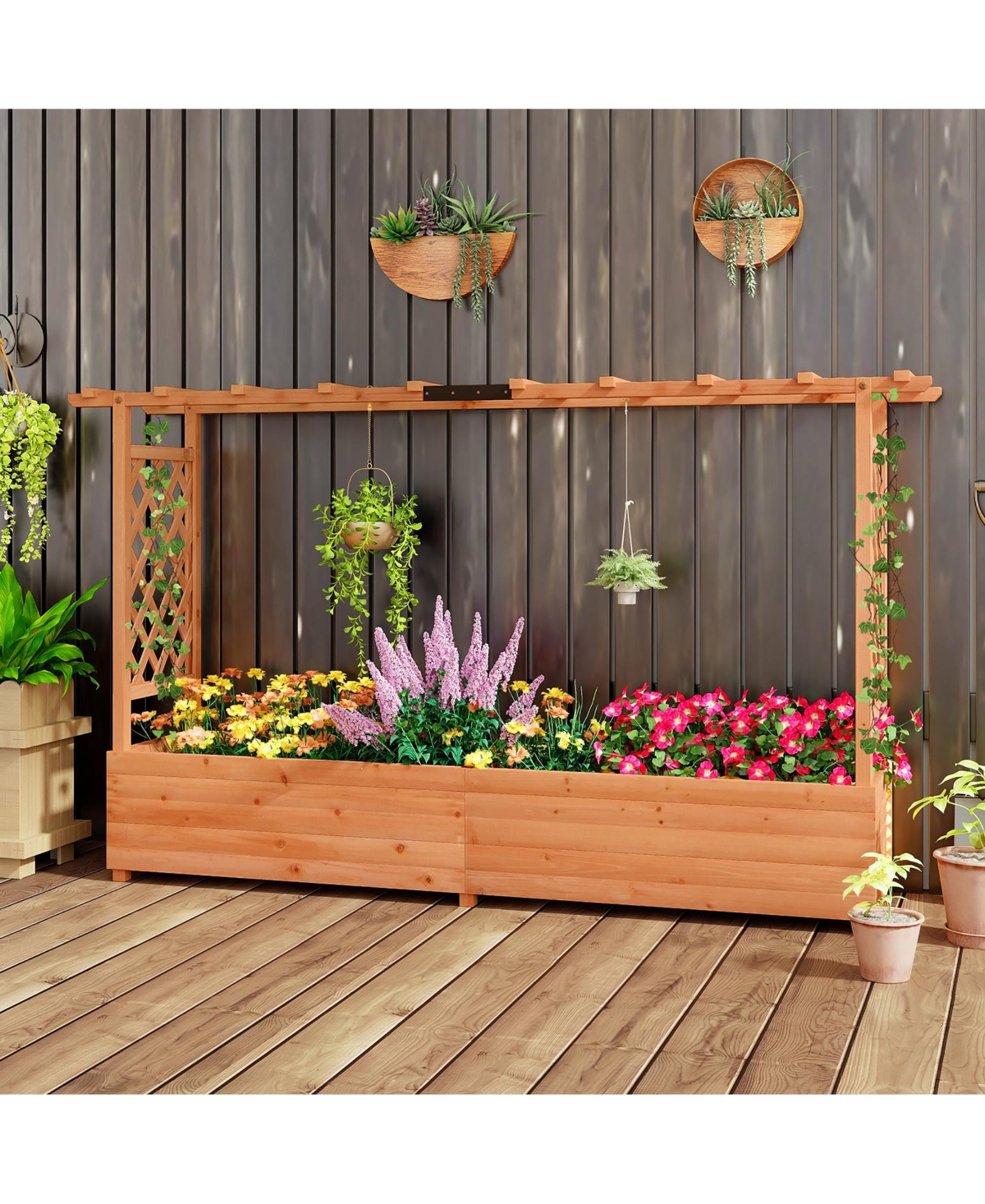 Gymax Raised Garden Bed w/ 2-Sided Trellis & Hanging Roof Fir Wood Planter Box w/ Drainage Holes