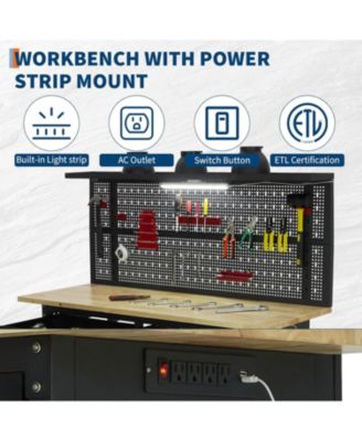 60" Heavy-Duty Metal and Wood Workbench with Drawers, Pegboard, and LED Lighting Tool Storage Table